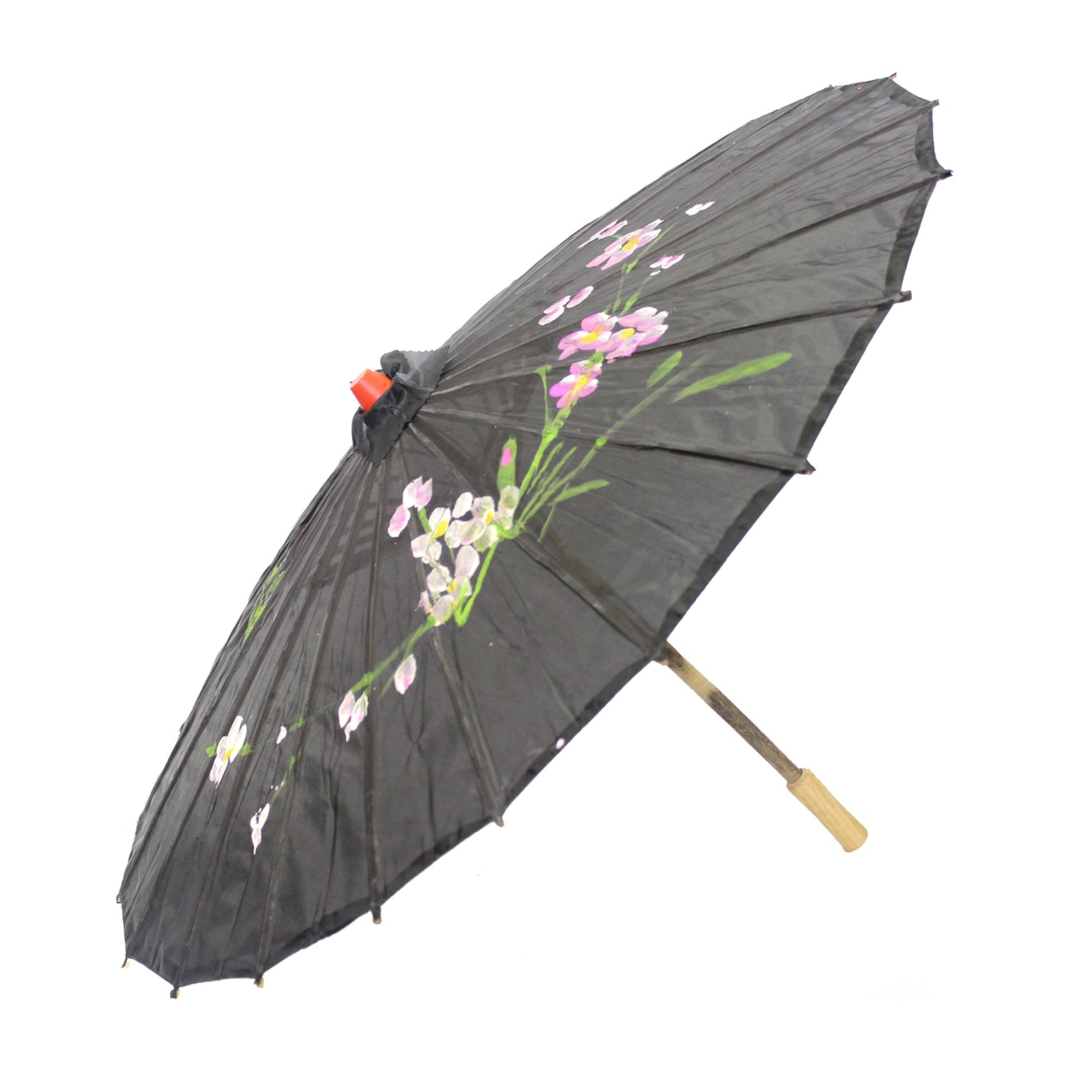 PARASOL UMBRELLA Chinese Japanese Bamboo Flower Pattern Fabric 80cm Diameter - Black